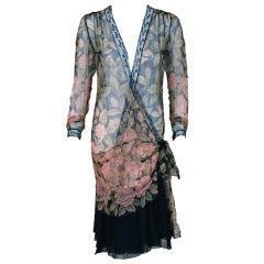1920's Pink-Camellias Floral Print Chiffon Wrap Dress & Matching Flapper Coat