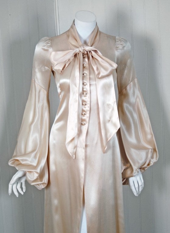 Women's 1970's Biba Ivory Satin Ascot Bow Billow-Sleeves Dress Jacket