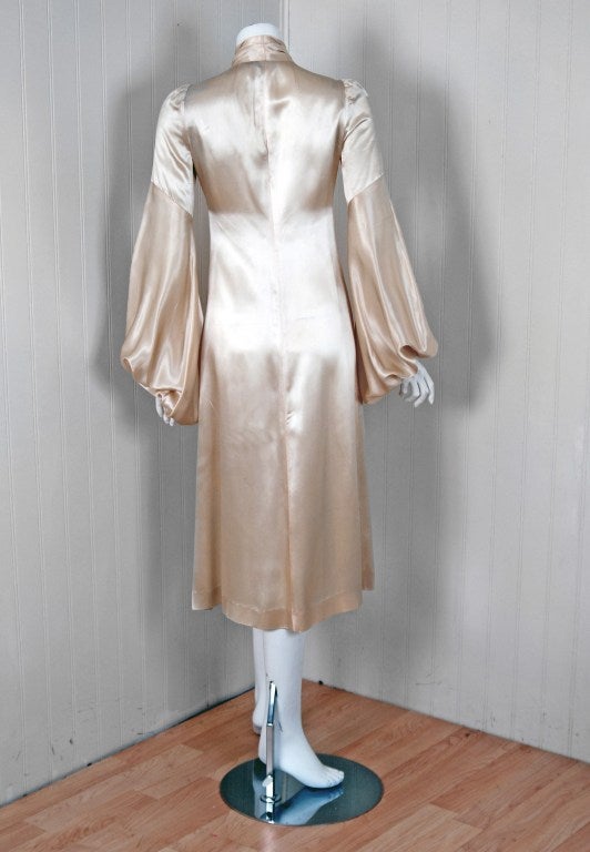 1970's Biba Ivory Satin Ascot Bow Billow-Sleeves Dress Jacket 2