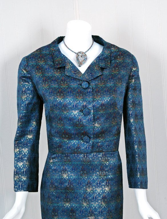 Women's 1960's Pierre Balmain Metallic Blue Silk-Brocade Cocktail Suit