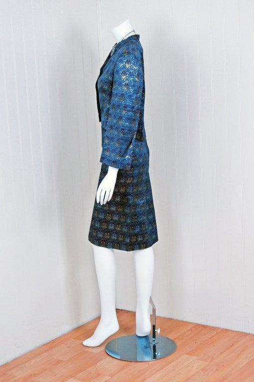 1960's Pierre Balmain Metallic Blue Silk-Brocade Cocktail Suit 2