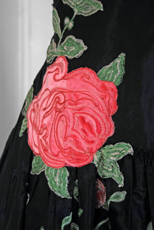 1920's Elegant Embroidered Pink-Roses Floral Silk Applique Party Dress 1