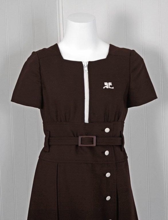 1967 Courreges Numbered Couture Brown Silk Belted Space-Age Mod Modernist Dress