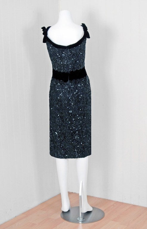 1960's Pierre Balmain Sequin-Lace & Velvet Black Cocktail Dress 1