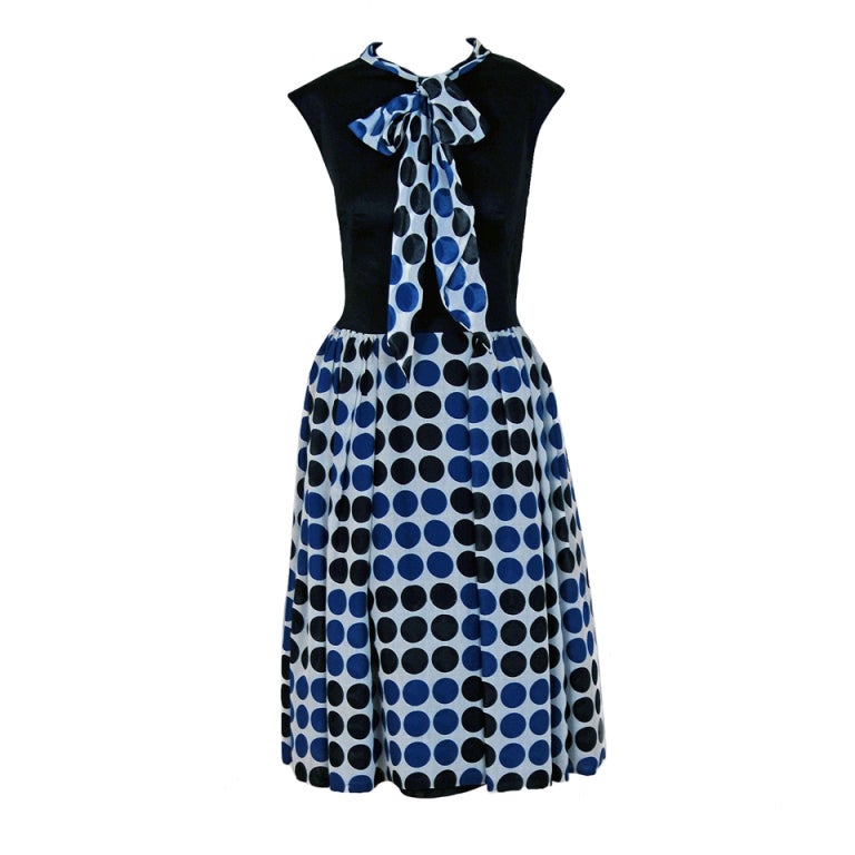 1960
s Mr. Blackwell Polka-Dot Print Cotton Ascot-Bow Dress Set