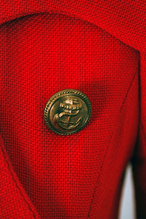 Women's 1970's Biba Red Linen Sailor Double-Breasted Maxi Coat Jacket