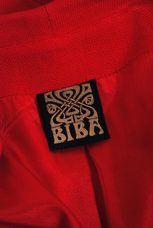 1970's Biba Red Linen Sailor Double-Breasted Maxi Coat Jacket 2
