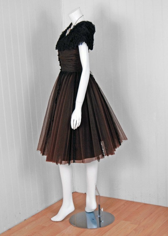 Women's 1959 Christain Dior Couture Derivation Black-Lace & Brown-Tulle Party Dress