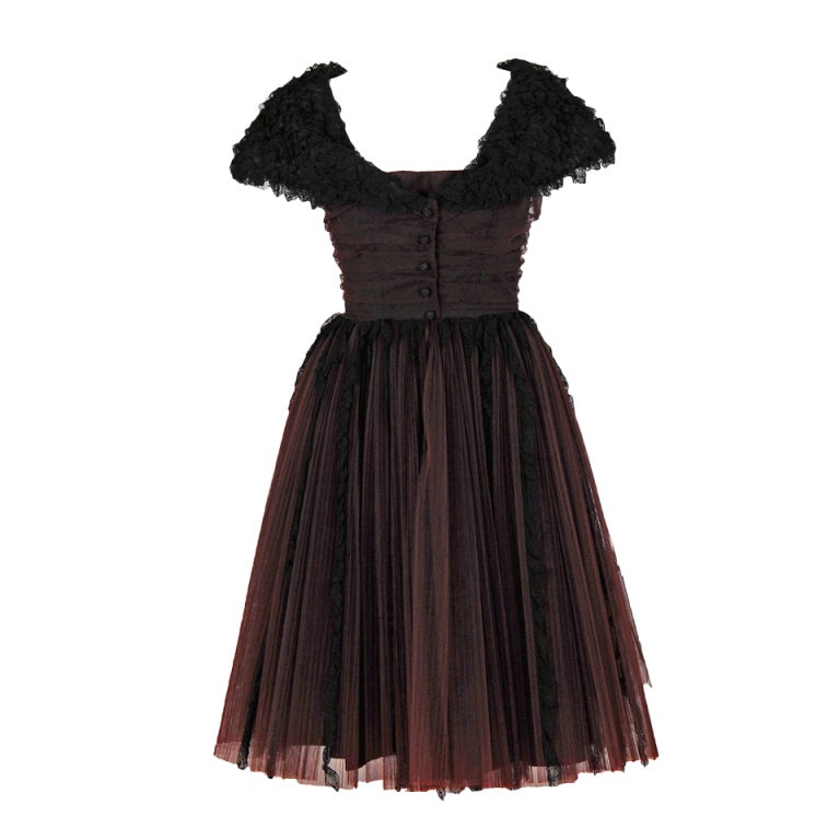 1959 Christain Dior Couture Derivation Black-Lace & Brown-Tulle Party Dress