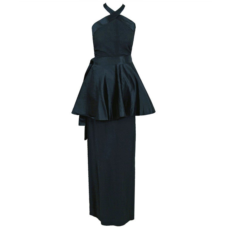 1956 Traina-Norell Sculpted Black Satin & Rayon Peplum Evening Gown