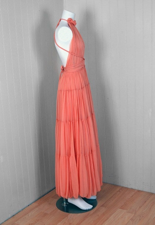 Women's 1970's Bob Mackie Pink Pleated Silk-Chiffon Goddess Backless Maxi Gown