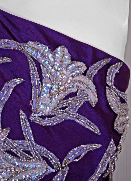 1970's Stavropoulos One-Shoulder Purple Beaded Sequin Silk Evening Gown In Excellent Condition In Beverly Hills, CA