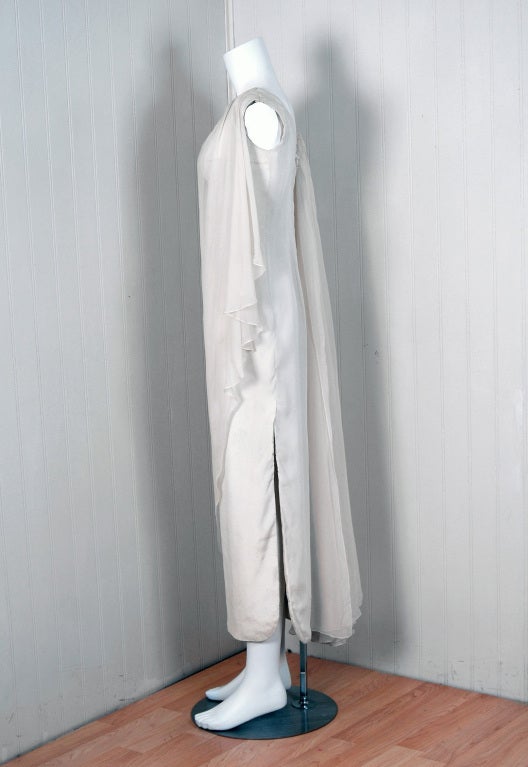 Gray 1960's Mr. Blackwell Beaded Ivory-White Draped Chiffon Grecian Goddess Gown