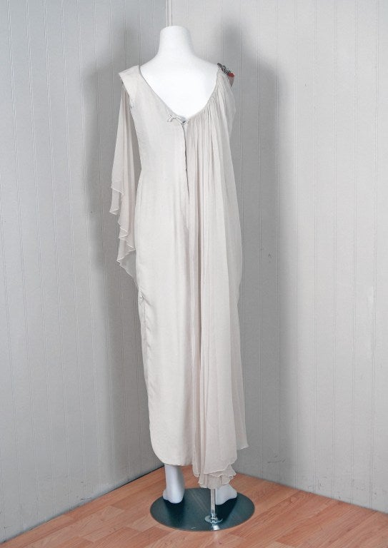 1960's Mr. Blackwell Beaded Ivory-White Draped Chiffon Grecian Goddess Gown In Excellent Condition In Beverly Hills, CA