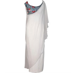 1960's Mr. Blackwell Beaded Ivory-White Draped Chiffon Grecian Goddess Gown