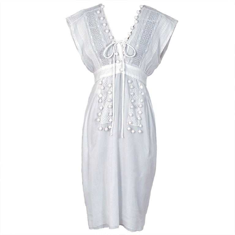 1970's Chloe Crisp-White Cotton & Lace Low-Cut Plunge Sun Dress