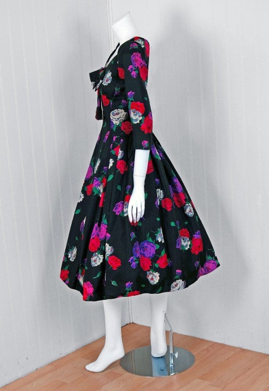 1950's Suzy Perette Floral-Print Silk Full Skirt Party Dress 1