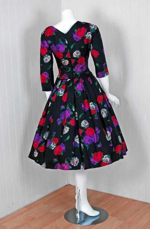 1950's Suzy Perette Floral-Print Silk Full Skirt Party Dress 2