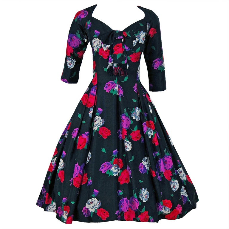 1950's Suzy Perette Floral-Print Silk Full Skirt Party Dress
