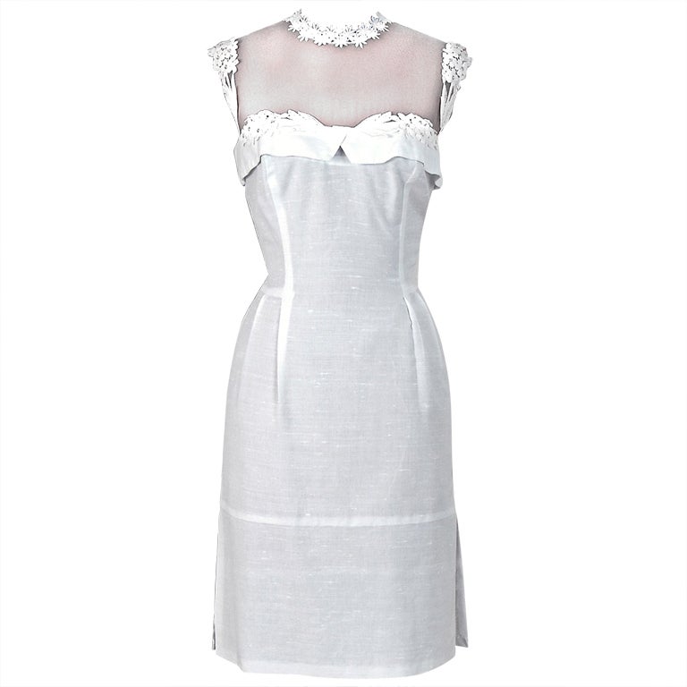 1950's LilliDiamond White Linen SheerIllusion Cocktail Dress at 1stDibs