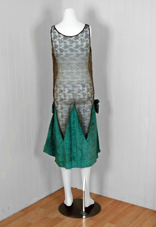 1920's Teal Blue-Green Velvet & Metallic-Gold Lace Flapper Dress 1