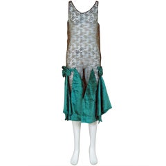 Antique 1920's Teal Blue-Green Velvet & Metallic-Gold Lace Flapper Dress