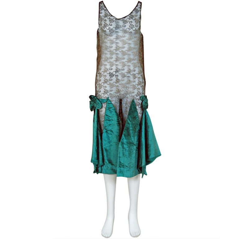 1920's Teal Blue-Green Velvet & Metallic-Gold Lace Flapper Dress