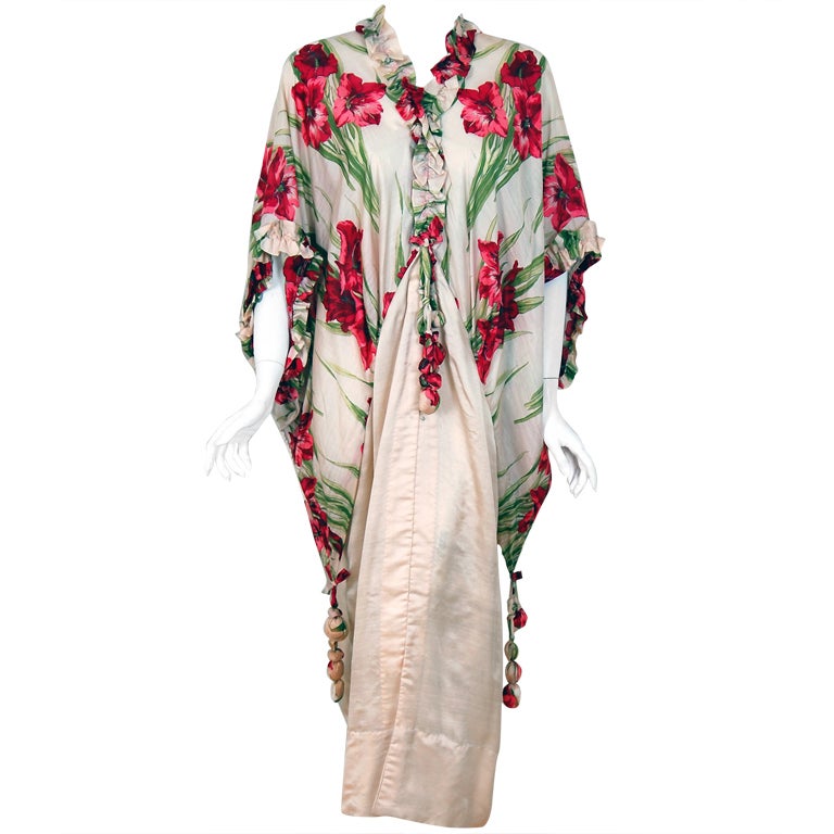 1910's Edwardian Floral-Garden Silk Angel-Sleeve Boudoir Caftan Jacket
