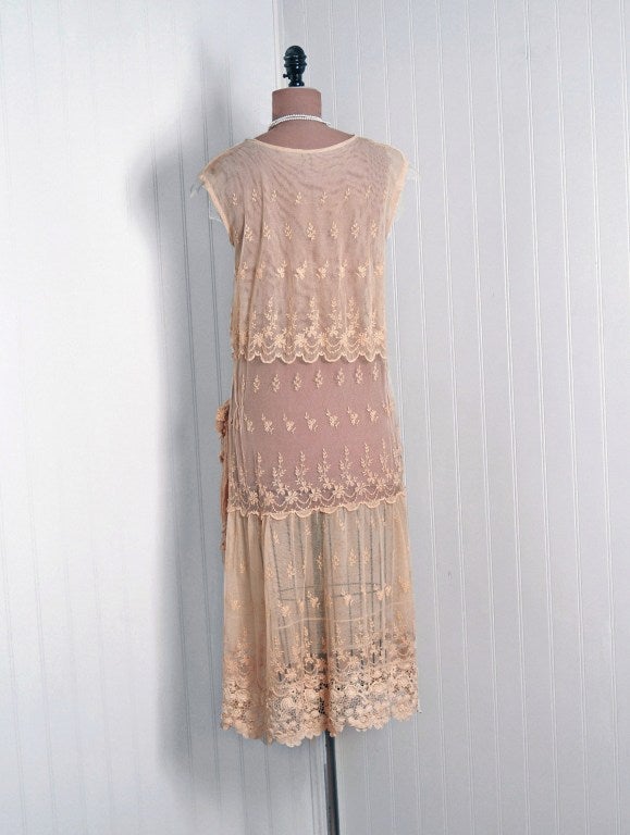 Brown 1920's Embroidered Ecru Floral Net-Lace & Irish Crochet Sheer Flapper Dress