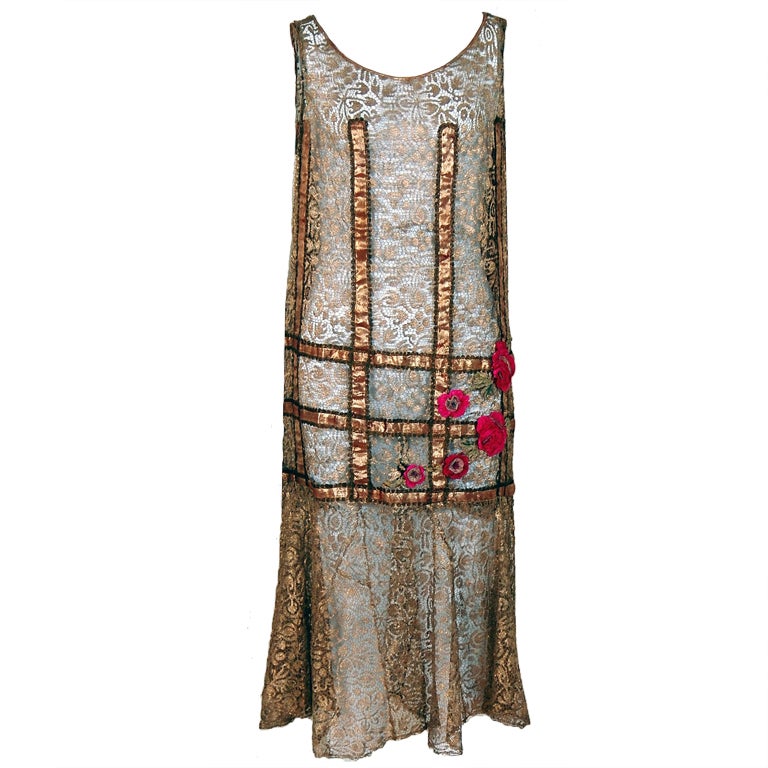1920's Metallic-Gold Lace Lame Floral Appliqued Flapper Dress