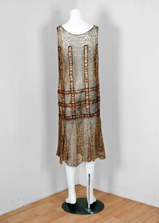 1920's Metallic-Gold Lace Lame Floral Appliqued Flapper Dress 2