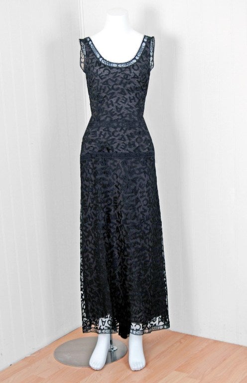 1998 Chanel Nude-Illusion Logo Lace Hourglass Evening Dress