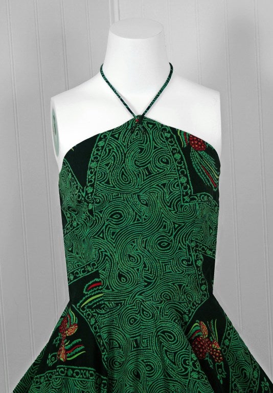 1950's Rooster Green Cotton Halter Novelty-Print Full Sun Dress 1