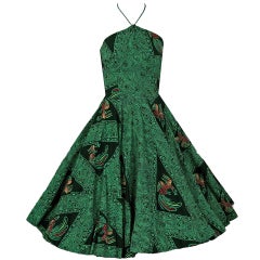 1950's Rooster Green Cotton Halter Novelty-Print Full Sun Dress