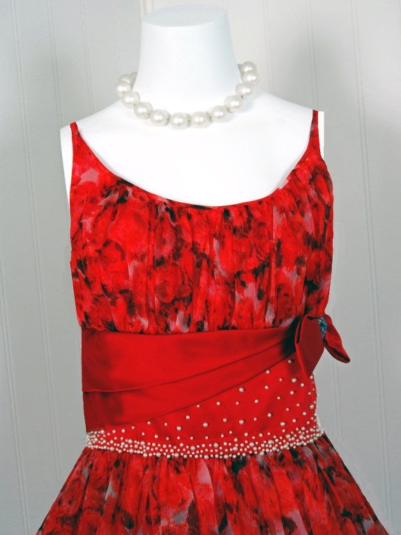 Women's 1950's Red Floral Silk-Organza Beaded Full Cocktail Party Dress