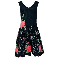 1920
s Elegant Embroidered Pink-Roses Floral Silk Applique Party Dress