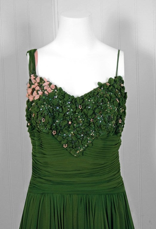 1950's Rudolf Couture Green Draped Beaded Silk-Chiffon Gown 1