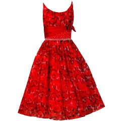 1950
s Red Floral Silk-Organza Beaded Full Cocktail Party Dress