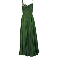 1950's Rudolf Couture Green Draped Beaded Silk-Chiffon Gown