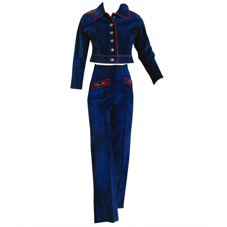 1970
s Gucci Leather-Suede Military Cropped-Jacket Pants Suit