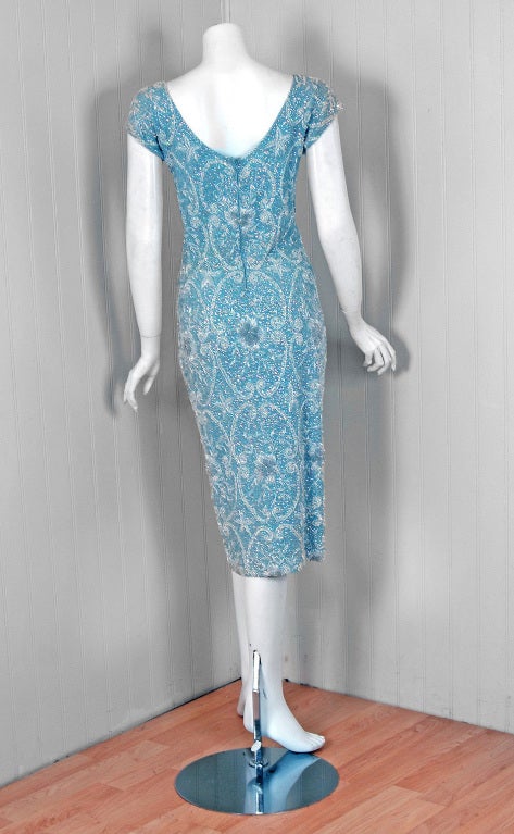 1950's Gene Shelly Baby-Blue Beaded Sequin Cocktail Dress 1