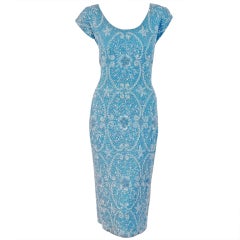 Retro 1950's Gene Shelly Baby-Blue Beaded Sequin Cocktail Dress