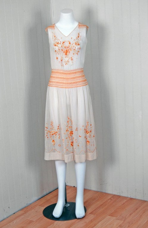 1920's Bohemian Embroidered Cotton Flapper Boho Day Dress