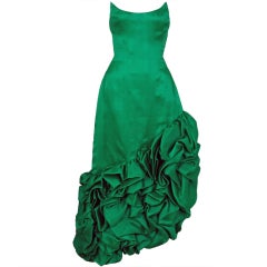 1980's Arnold Scaasi Emerald Green Silk Strapless Ruffle Dress