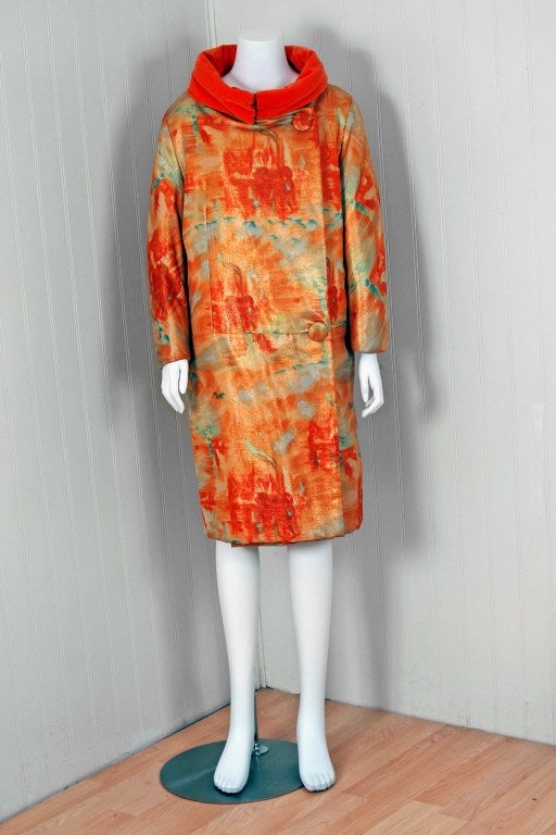 Orange Vintage 1958 Jean Desses Haute-Couture Metallic Lame Abstract Print Dress & Coat For Sale