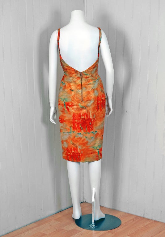 Women's Vintage 1958 Jean Desses Haute-Couture Metallic Lame Abstract Print Dress & Coat For Sale