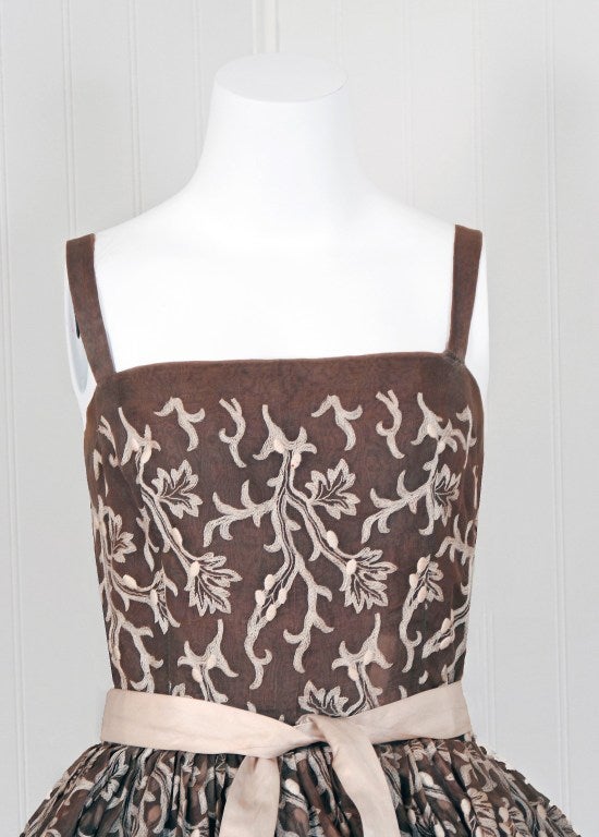 Black Vintage 1954 Traina-Norell Couture Embroidered Leaf Motif Mocha Organza Dress
