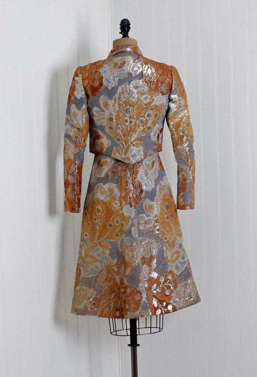 1960's Pauline Trigere Metallic Peacock-Abstract Lame Dress Suit 2