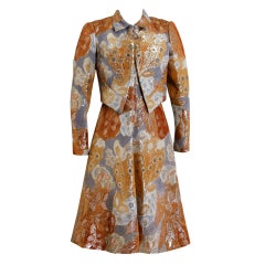Vintage 1960's Pauline Trigere Metallic Peacock-Abstract Lame Dress Suit