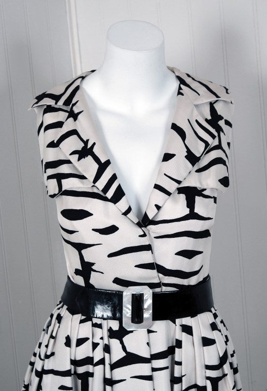 Women's 1960's Pauline Trigere Black & White Abstract Print-Silk Dress